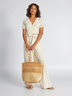 Crop Top In Lino Con Scollatura Profonda