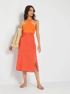 Gonna Midi Stampata In Lino