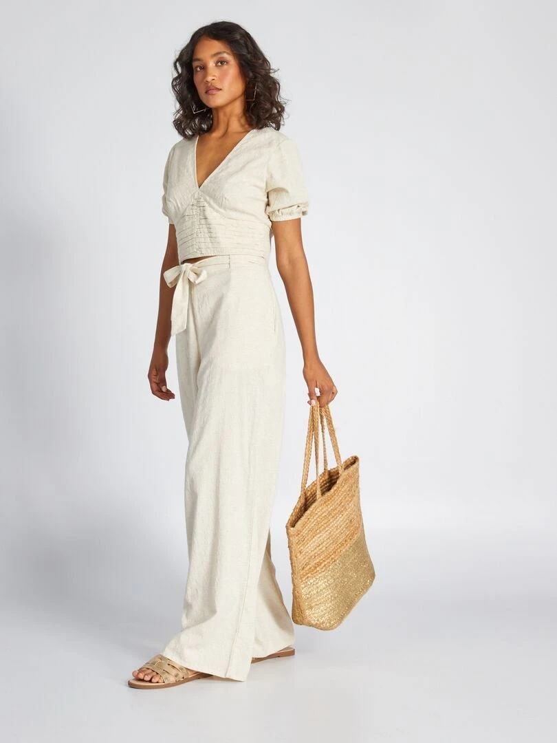 Pantaloni Larghi In Lino Effetto Plumetis 2 Pantaloni Larghi In Lino Effetto Plumetis - immagine 2