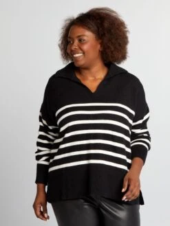 Pullover A Collo Alto Con Zip A Righe