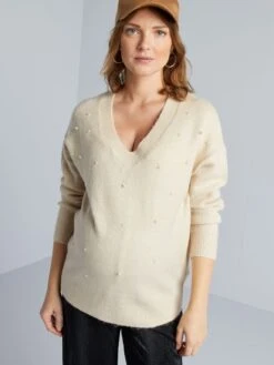 Pullover Premaman In Maglia Tricot E Perle