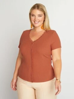 T-shirt A Coste Con Scollo A V