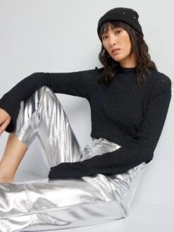 T-shirt Stretch In Maglia Traforata Con Pizzo